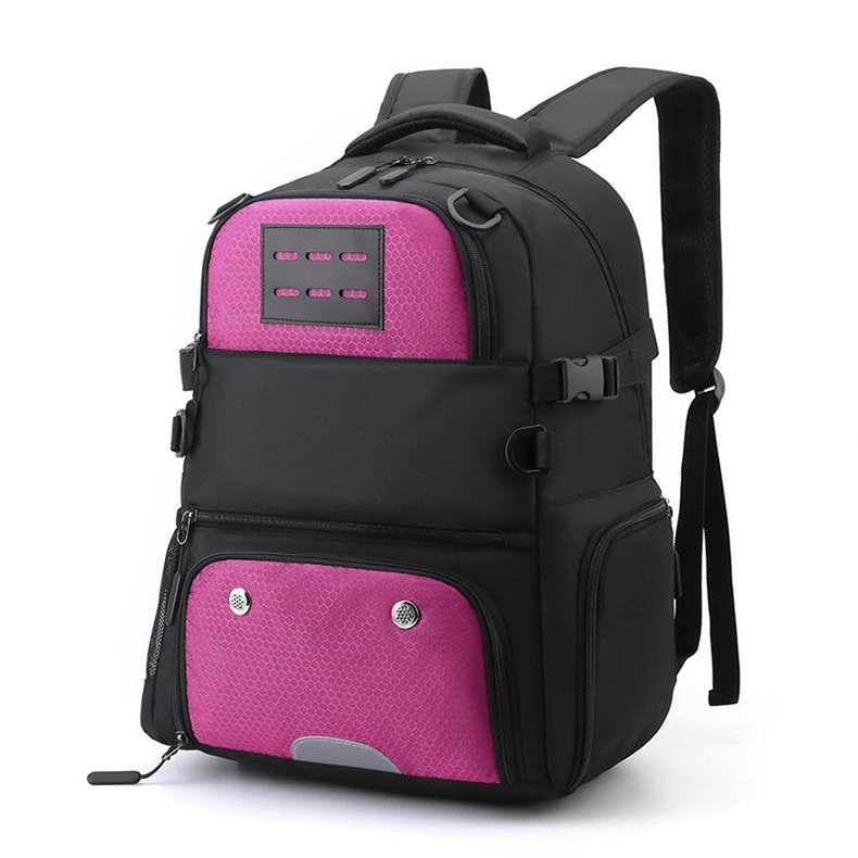 Black and pink sports backpack with shoe compartment and detachable net pocket, SF0808 model, ideal for gym and outdoor activities.